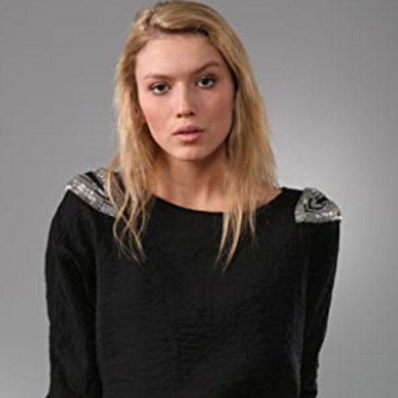 ELIZABETH AND JAMES Beaded Embellished Jeweled Black Mini Shoulder Wedge Dress - Picture 5 of 8